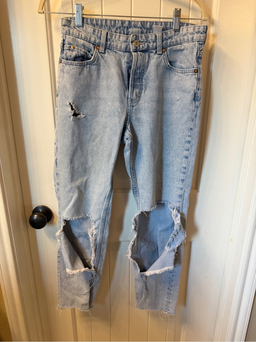 H&M &Denim Light Wash High-Rise Distressed Straight Leg Jeans